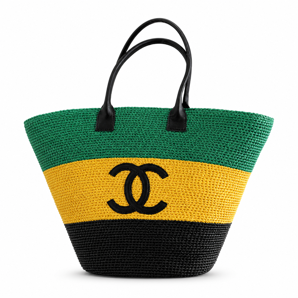Chanel Striped Raffia Beach Tote Green Yellow Black CC