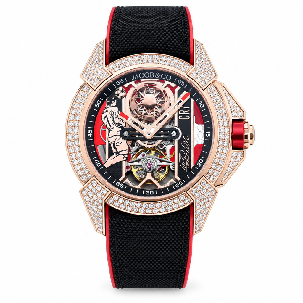 Jacob & Co. x CR7 Cristiano Ronaldo Epic X 18K Rose Gold Full Pavé Diamond Double Flying Tourbillon Red Honeycomb Skeleton Dial Black Fabric Red Edge Strap Watch