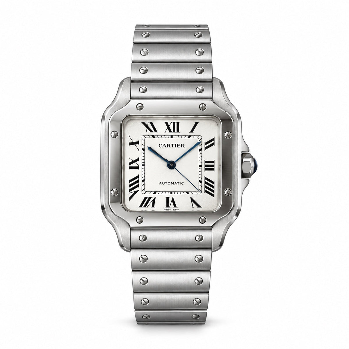Cartier Santos Large — Stainless Steel, White Dial, Roman Numerals & Steel Bracelet, Automatic