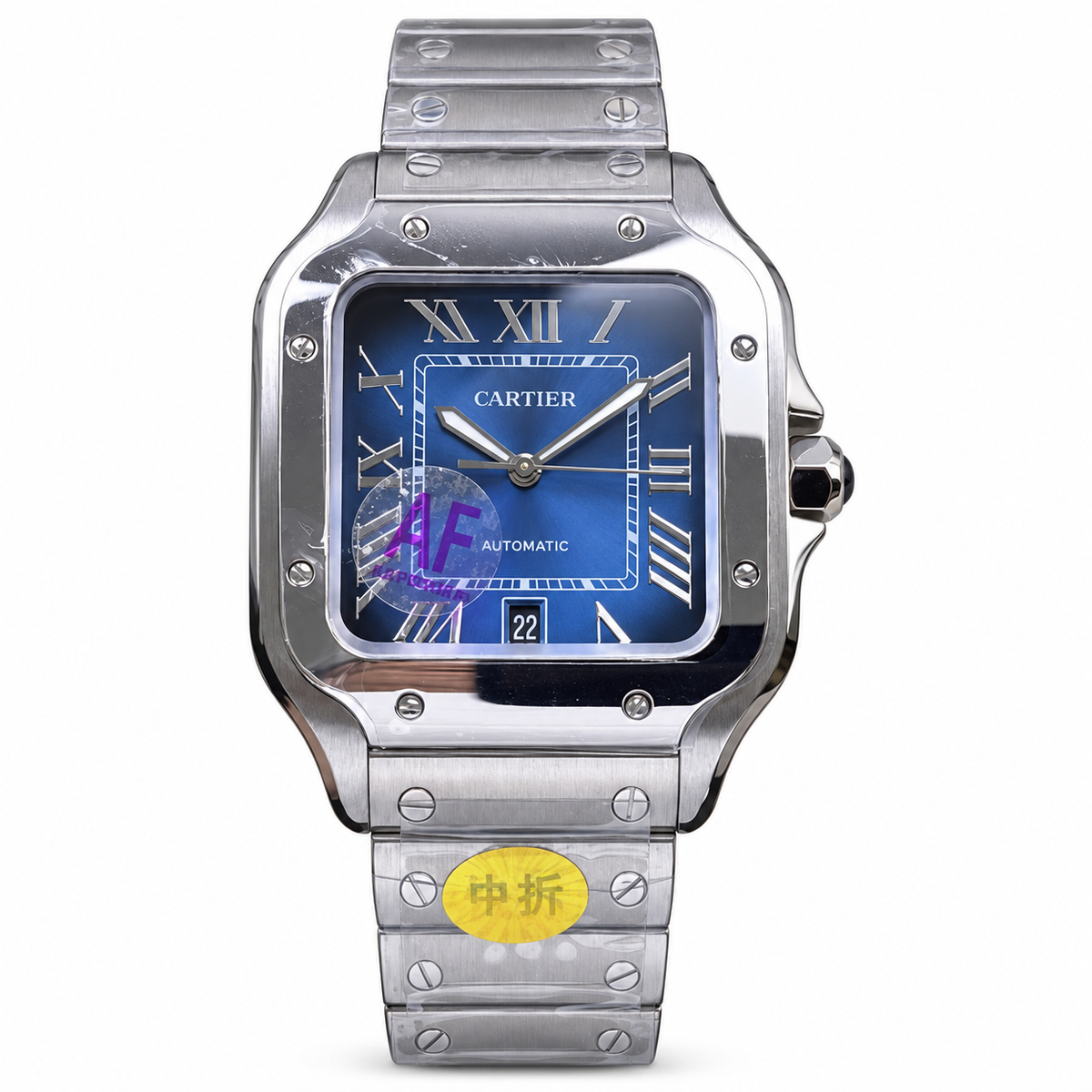 Cartier Santos de Cartier Large Stainless Steel Deep Navy Blue Sunburst Dial Automatic Date Integrated Bracelet Watch AF Certified