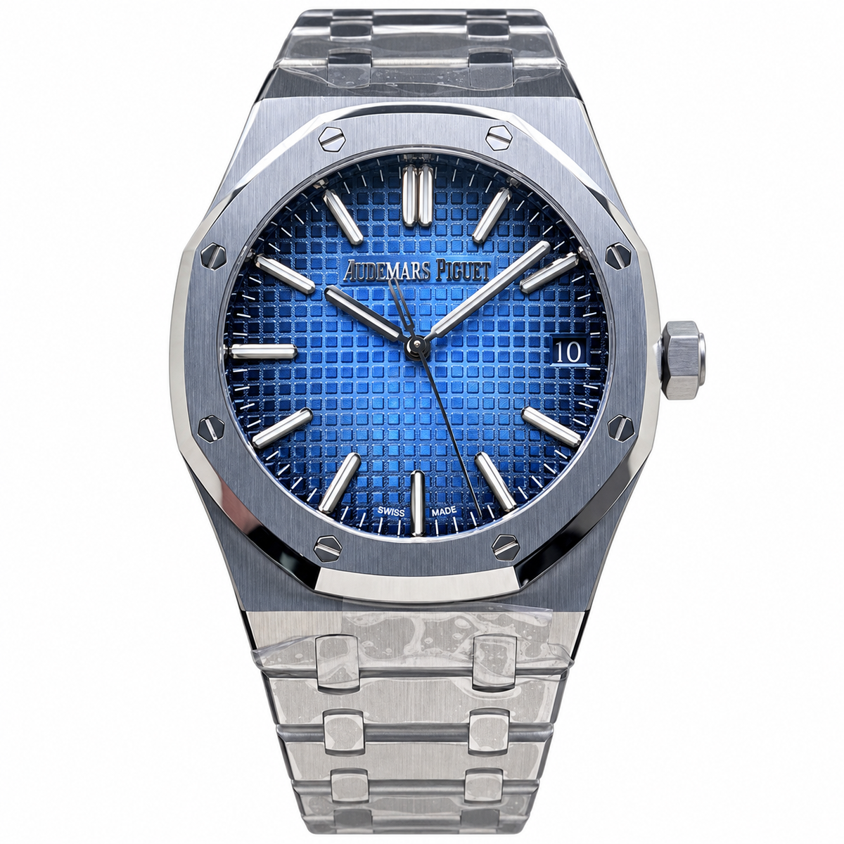 Audemars Piguet Royal Oak 41mm Stainless Steel Blue Gradient Petite Tapisserie Dial White Gold Indexes Luminescent Hands Date Integrated Bracelet Ref 15500ST