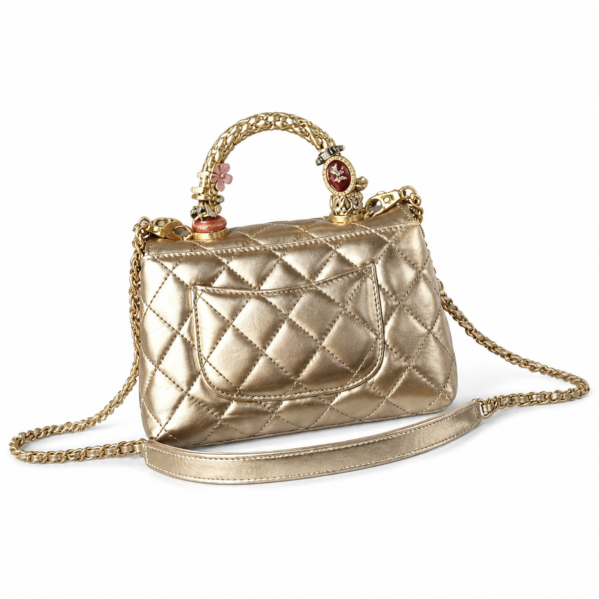 Chanel Gold Metallic Quilted Mini Flap Camellia Turn-Lock Charm Handle