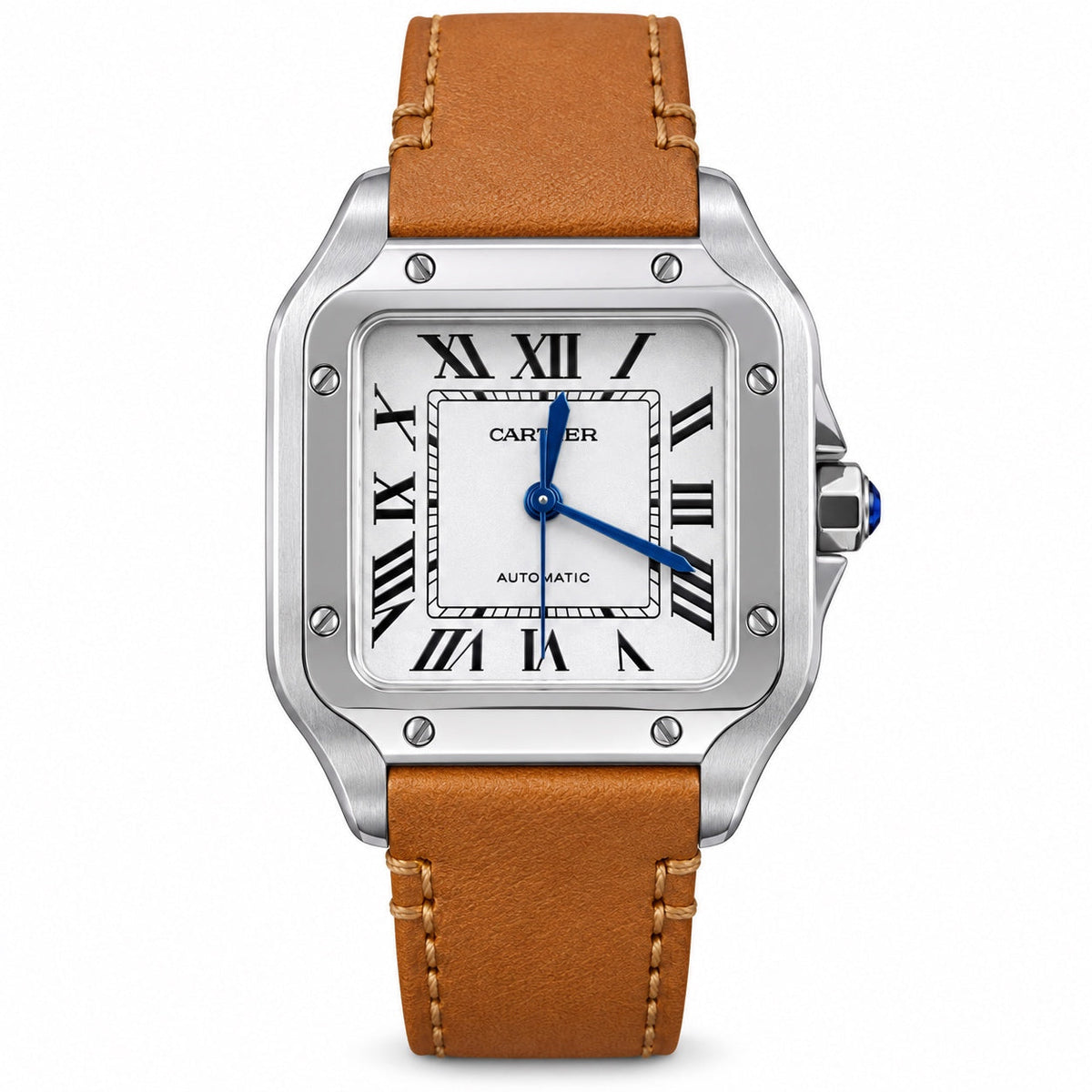 Cartier Santos Large Steel White Dial Blue Hands Automatic Tan Leather Strap Watch – KDY