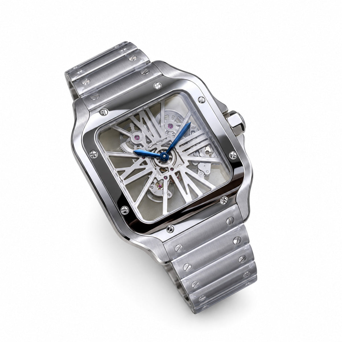 Cartier Santos de Cartier Large Stainless Steel Skeleton Silver Roman Numeral Steel Bracelet Automatic Watch