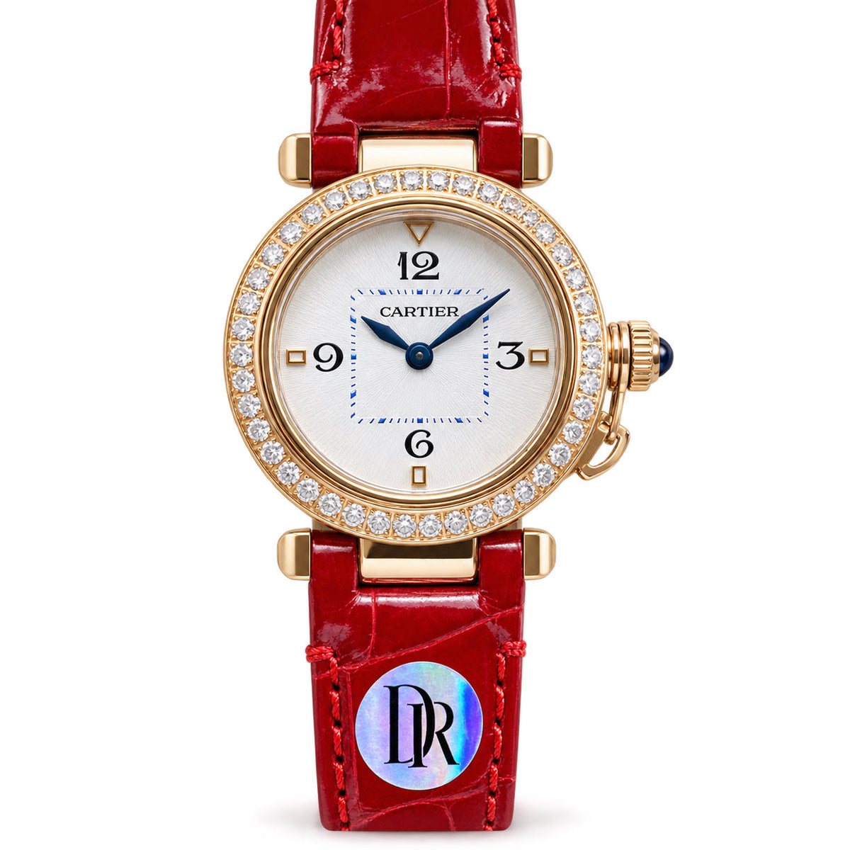 Cartier Pasha 18K Rose Gold Diamond Bezel White Dial Red Alligator Leather Watch