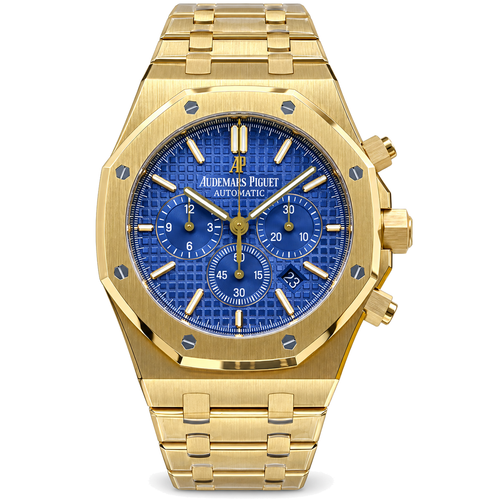 Audemars Piguet Royal Oak Chronograph 18k Yellow Gold Blue Petite Tapisserie Dial Gold Bracelet
