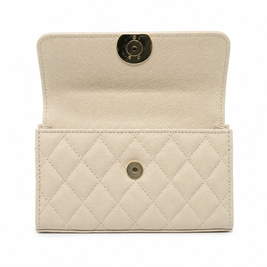 Chanel Ivory Cream Fine-Grain Quilted Mini Top Handle Flap Bag | Gold Chain-Texture CC Turn-Lock & Tonal Ivory Chain