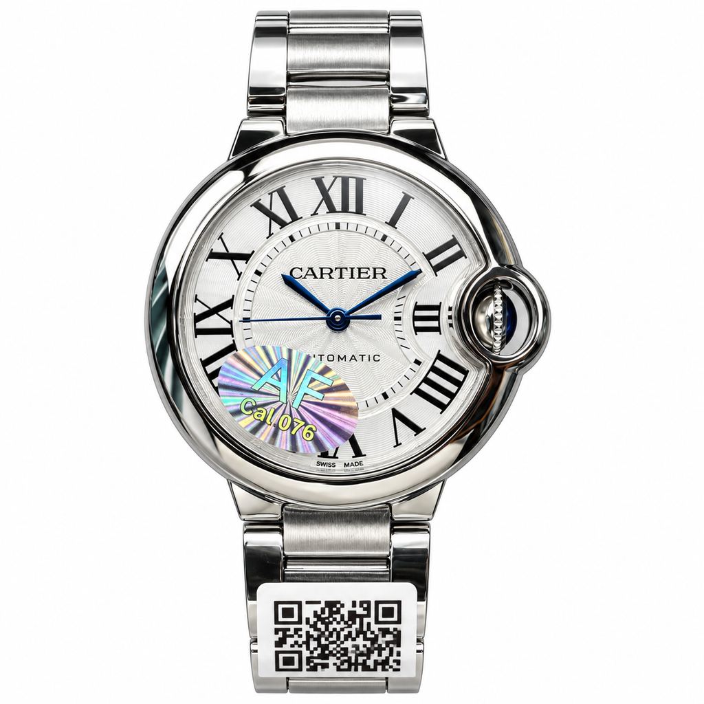 Cartier Ballon Bleu Large Stainless Steel Silver Guilloché Dial Blued-Steel Hands Automatic Integrated Bracelet Watch AF Cal.076 Certified