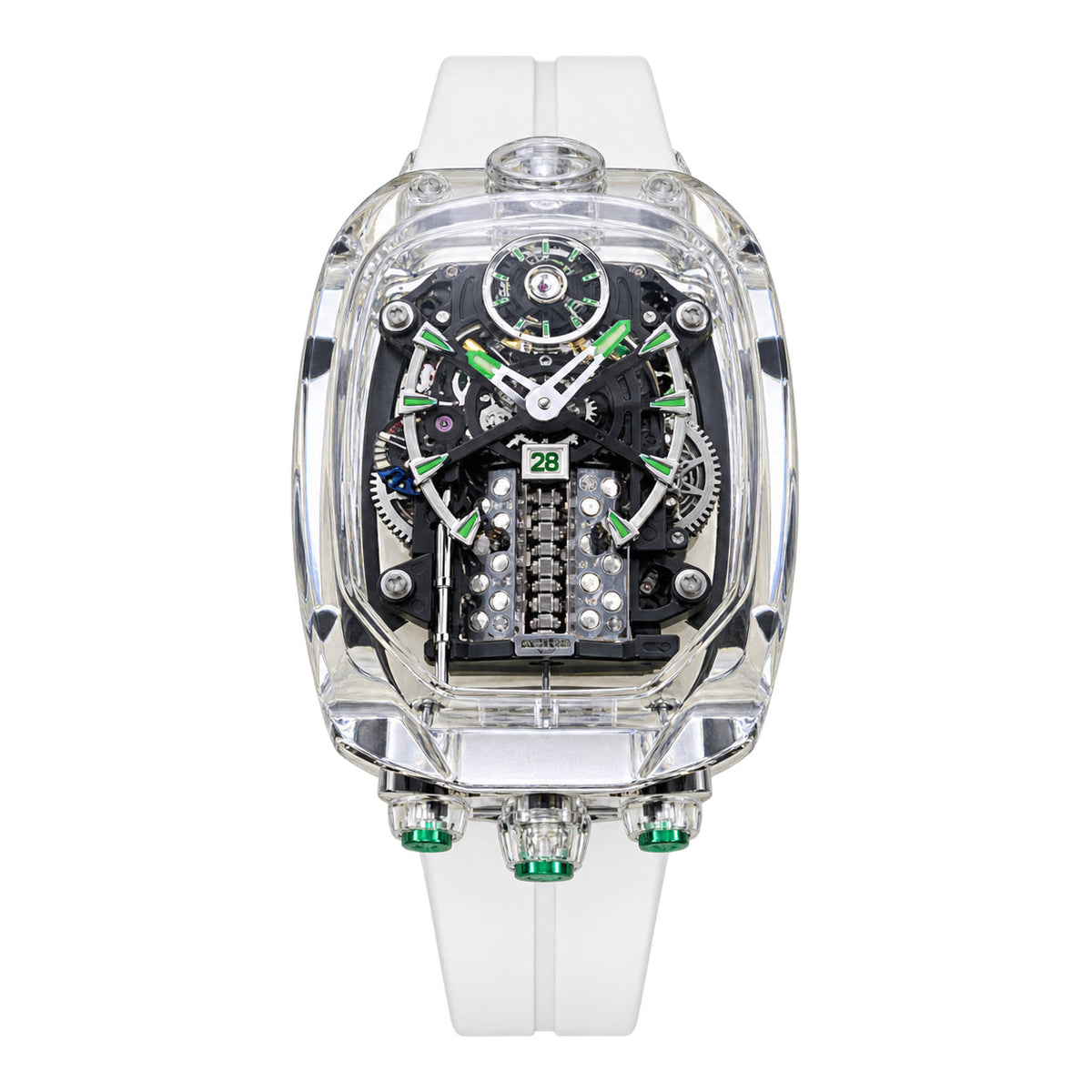 Jacob & Co. x Bugatti Chiron Clear Sapphire Crystal 16-Cylinder Engine Tourbillon Green Accents White Rubber Sport Watch