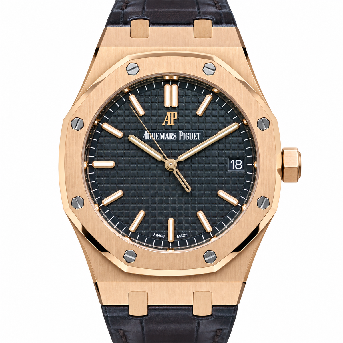 Audemars Piguet Royal Oak Automatic Rose Gold Black Petite Tapisserie Dial Alligator Leather Strap