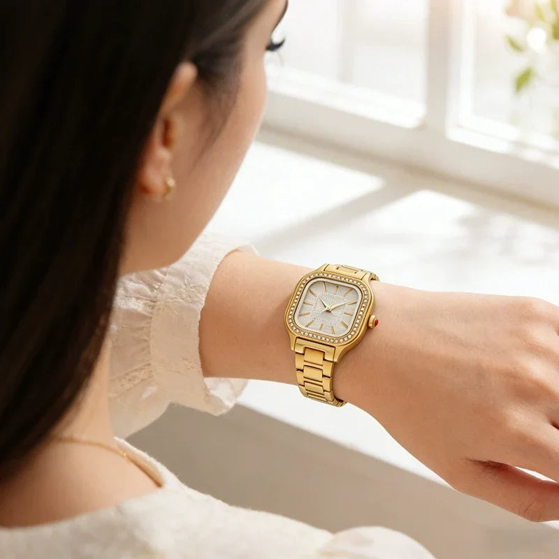 EPOER — Gold-Tone Square Case, Cream Dial, Crystal Markers & Gold Mesh Bracelet, Women