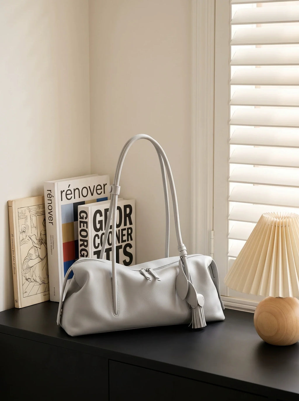 Dove Grey Soft Leather Pillow Shoulder Bag with Tassel Charm